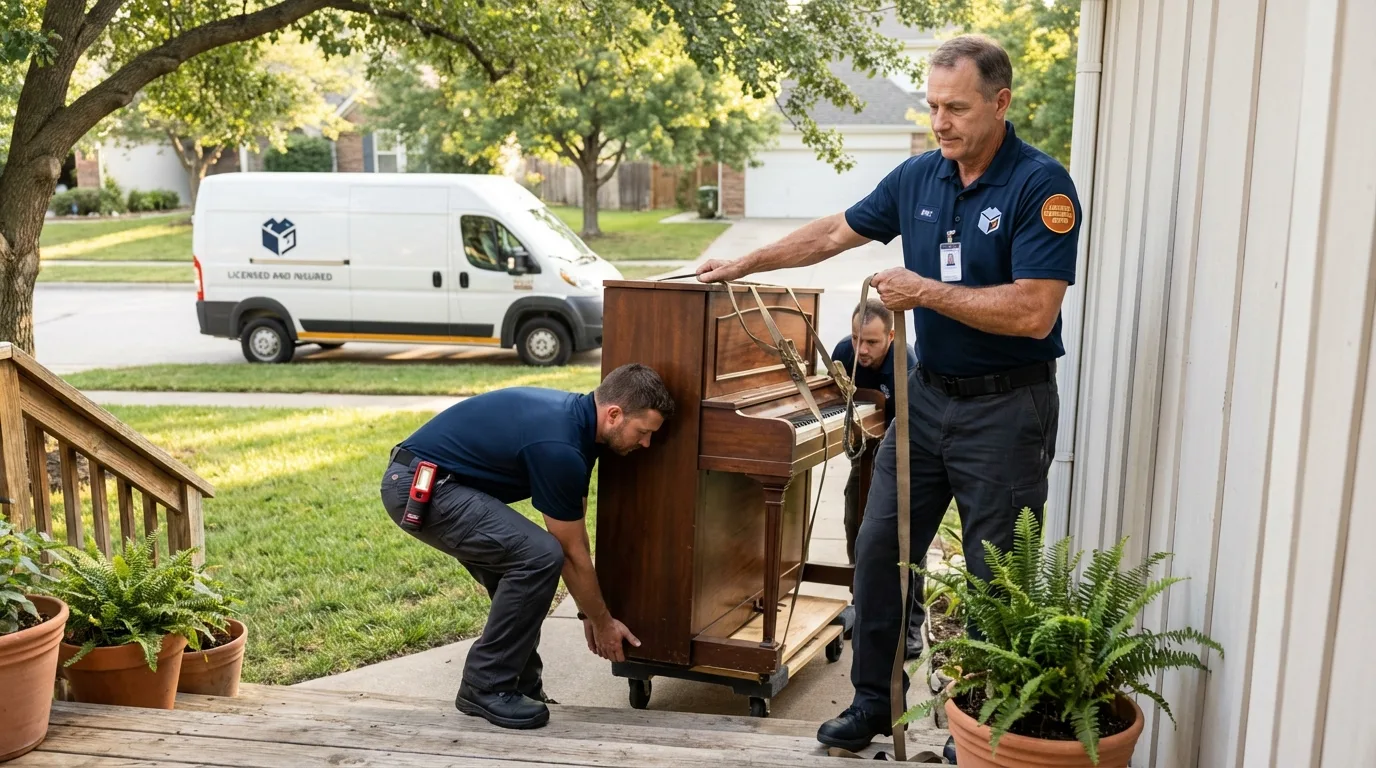 Licensed piano movers securing grand piano in Niles, OH