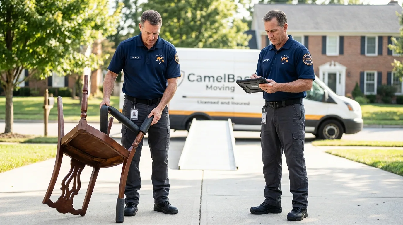 Movers inspecting furniture for damage prevention before loading in Niles, OH