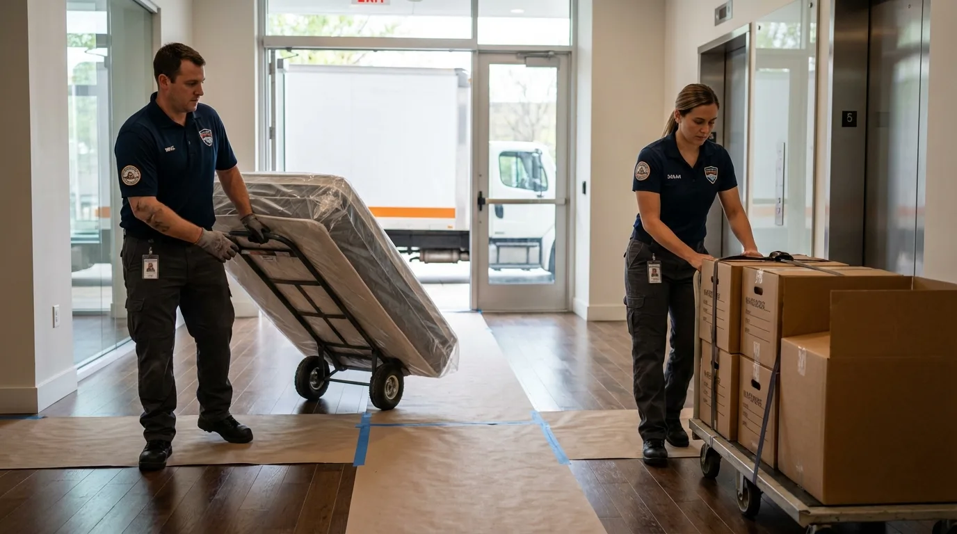 Professional apartment movers loading elevator in Niles, OH